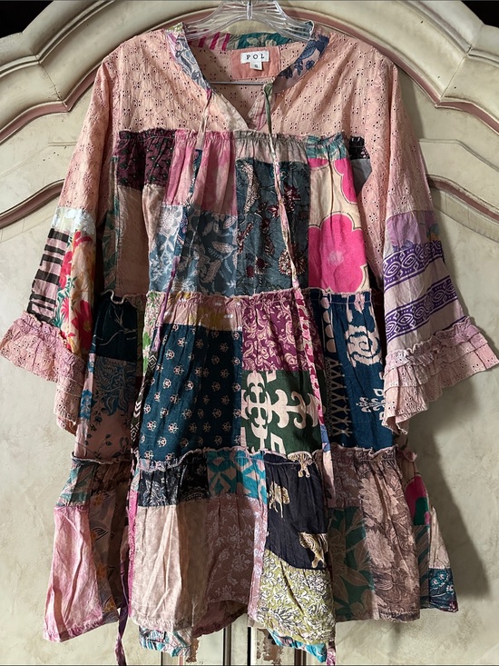 POL Tops - POL Mineral Wash Peach Patchwork Tiered Tunic/Dress w/Eyelet Detail size Small